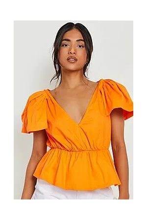 Boohoo Petite Cotton Puff Sleeve Tie Back Peplum Top