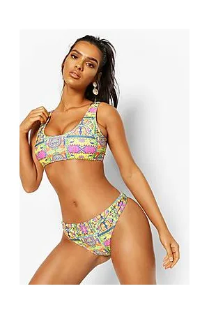 Boohoo Tropical Tile Print Crop High Leg Bikini Set