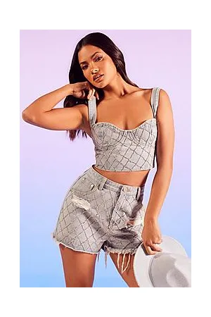 Boohoo Rhinestone High Waist Ripped Denim Shorts