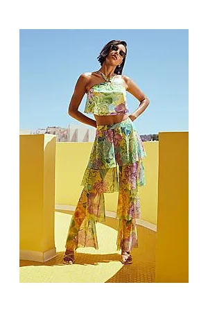 Boohoo Floral Mesh Tiered Wide Leg Trousers