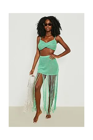 Boohoo Crochet Strappy Twist Mini Fringe Skirt Coord