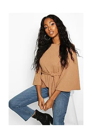 Boohoo Jumbo Rib Kimono Sleeve Tie Waist Top