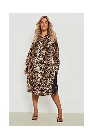 Boohoo Plus Leopard Print Ruched Midi Shirt Dress