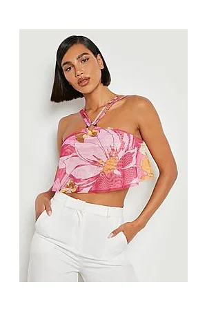 Boohoo Floral Printed Mesh Halterneck Crop