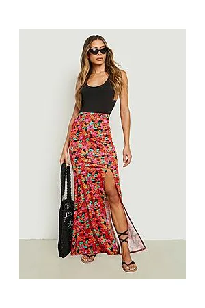 Boohoo Button Front Floral Drop Hem Maxi Skirt