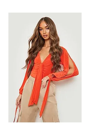 Boohoo Slinky Tie Detail Split Sleeve Bodysuit