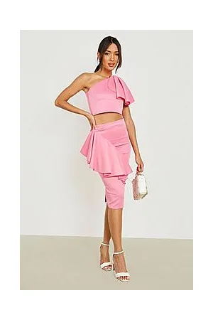 Boohoo One Shoulder Ruffle Front Crop & Midi Skirt