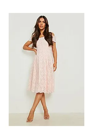 Boohoo Boutique Embroidered Bardot Midi Skater Dress