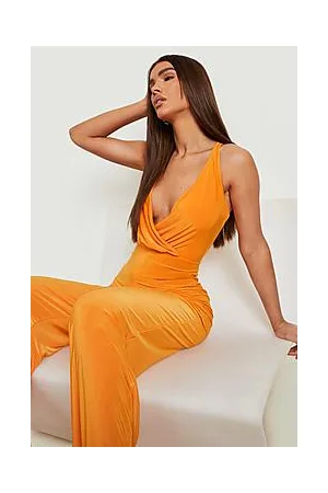 Boohoo Slinky Wrap Front Wide Leg Jumpsuit