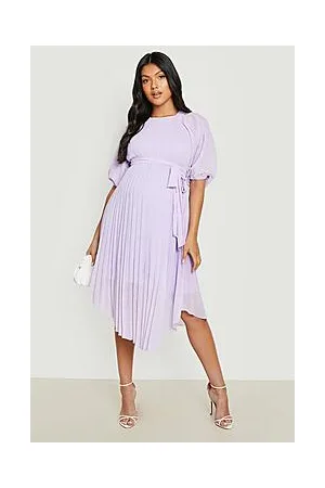 Boohoo Maternity Tie Waist Pleated Puff Sleeve Midi Dress