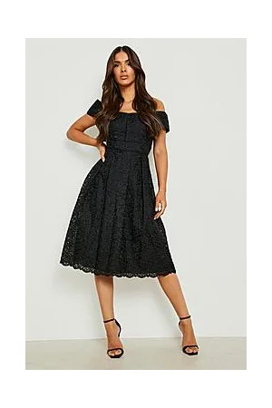Boohoo Boutique Embroidered Bardot Midi Skater Dress