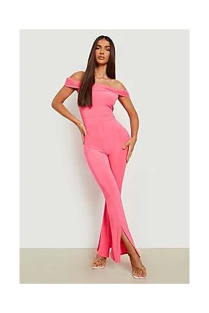 Boohoo Slinky Off The Shoulder Split Hem Jumpsuit