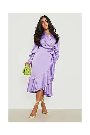 Boohoo Petite Satin Wrap Puff Sleeve Midaxi Dress