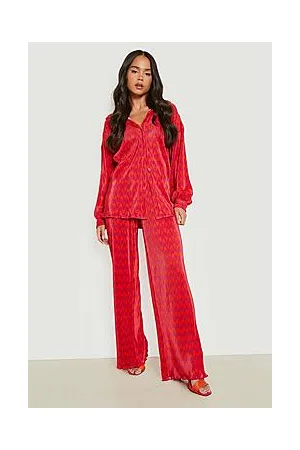 Boohoo Petite Plisse Abstract Print Wide Leg Trouser