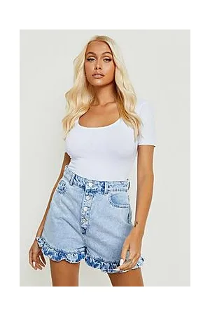 Boohoo Frill Hem Exposed Button Denim Shorts