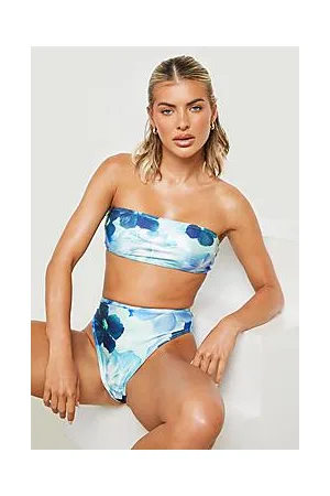Boohoo Blue Floral Bandeau High Waist Bikini Set