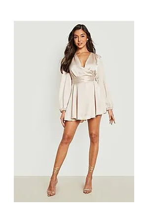 Boohoo Satin Volume Sleeve Belted Playsuit