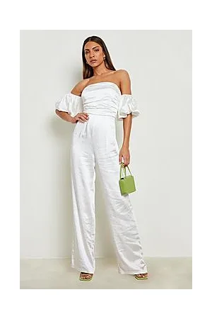 Boohoo Satin Puff Sleeve Wide Leg Jumpsuit