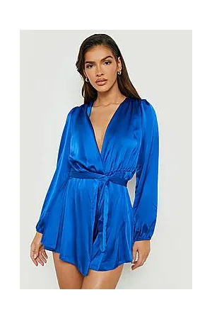 Boohoo Satin Volume Sleeve Belted Playsuit