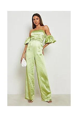 Boohoo Satin Puff Sleeve Wide Leg Jumpsuit