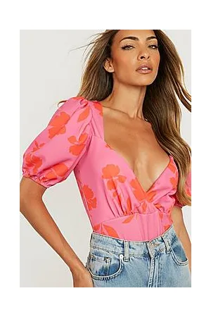 Boohoo Floral Wrap Front Puff Sleeve Bodysuit