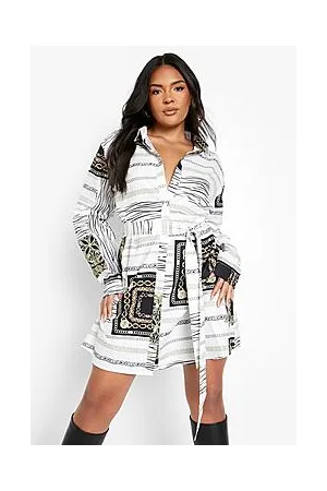 Boohoo Plus Satin Chain Print Belted Shirt Dress