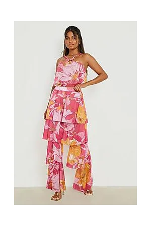 Boohoo Floral Mesh Tiered Wide Leg Trousers