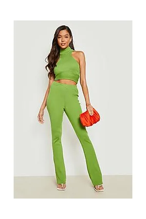 Boohoo Racer Halterneck And Flares Rib Knitted Set