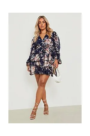 Boohoo Plus Floral Chiffon Tiered Frill Skater Dress