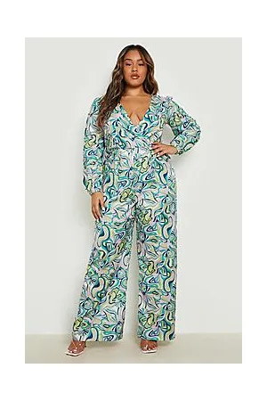 Boohoo Plus Abstract Print Wrap Jumpsuit