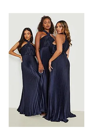 Boohoo Plus Bridesmaid Satin Pleated Halter Neck Maxi Dress