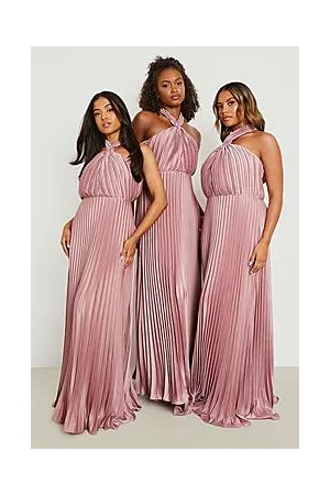 Boohoo Plus Bridesmaid Satin Pleated Halter Neck Maxi Dress