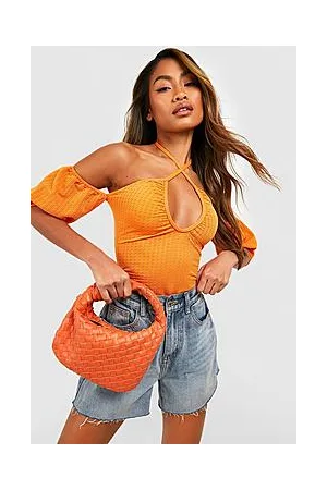 Boohoo V Neck Puff Sleeve Crinkle Bodysuit