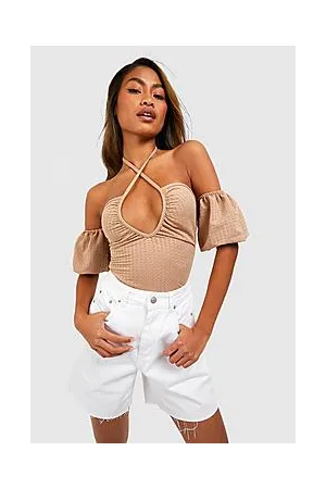 Boohoo V Neck Puff Sleeve Crinkle Bodysuit