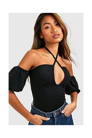 Boohoo V Neck Puff Sleeve Crinkle Bodysuit