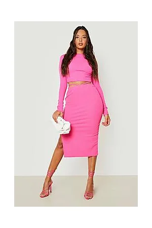 Boohoo Ribbed Crop & Tie Detail Midi Skirt