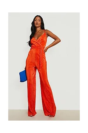 Boohoo Tall Plisse Wrap Front Belted Wide Leg Jumpsuit