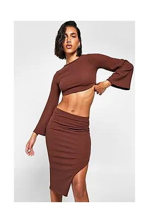 Boohoo Crinkle Rib Flare Sleeve Crop Top