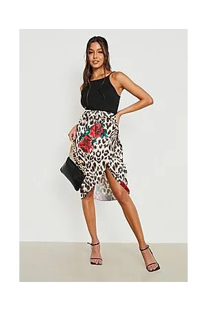 Boohoo Floral Leopard Satin Wrap Midi Skirt
