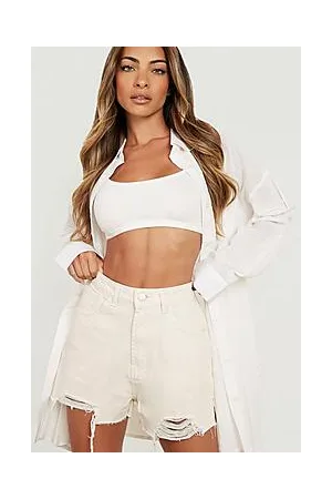 Boohoo High Waisted Laddered Hem Denim Mom Shorts