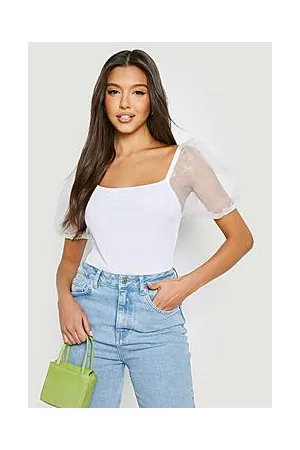 Boohoo Organza Puff Sleeve Rib Bodysuit