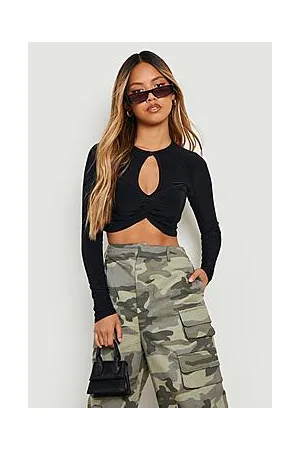 Boohoo Petite Slinky Twist Long Sleeve Crop Top