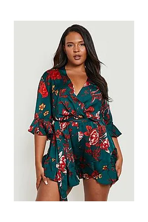 Boohoo Plus Floral Print Plunge Wrap Playsuit