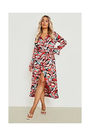 Boohoo Plus Abstract Print Ruffle Wrap Dress
