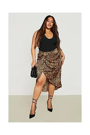 Boohoo Plus Woven Ruched Leopard Print Midi Skirt