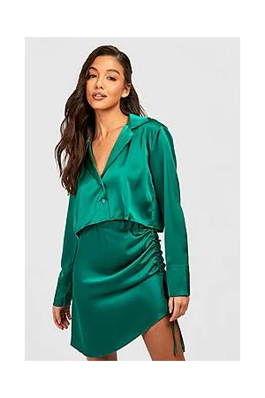 Boohoo Satin Crop Shirt & Ruched Mini Skirt