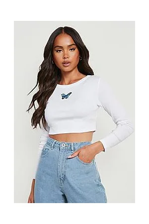 Boohoo Petite Butterfly Rib Long Sleeve Crop Top
