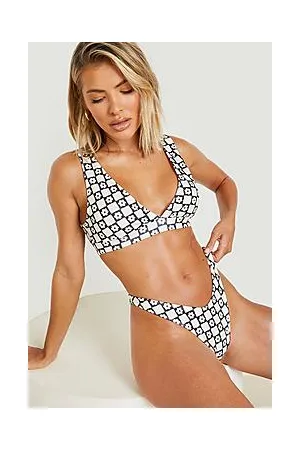Boohoo Floral Checkerboard Plunge Hipster Bikini Set