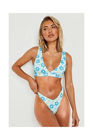 Boohoo Floral Checkerboard Plunge Hipster Bikini Set