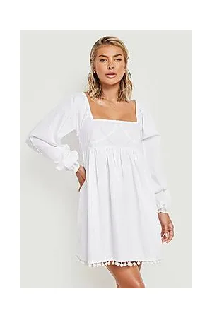 Boohoo Cotton Square Neck Pompom Swing Beach Dress